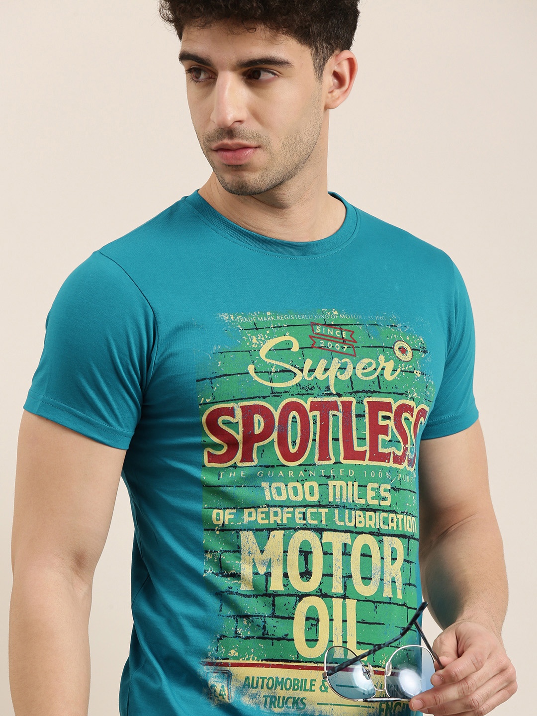 

Conditions Apply Men Teal Blue Printed Round Neck Pure Cotton T-shirt