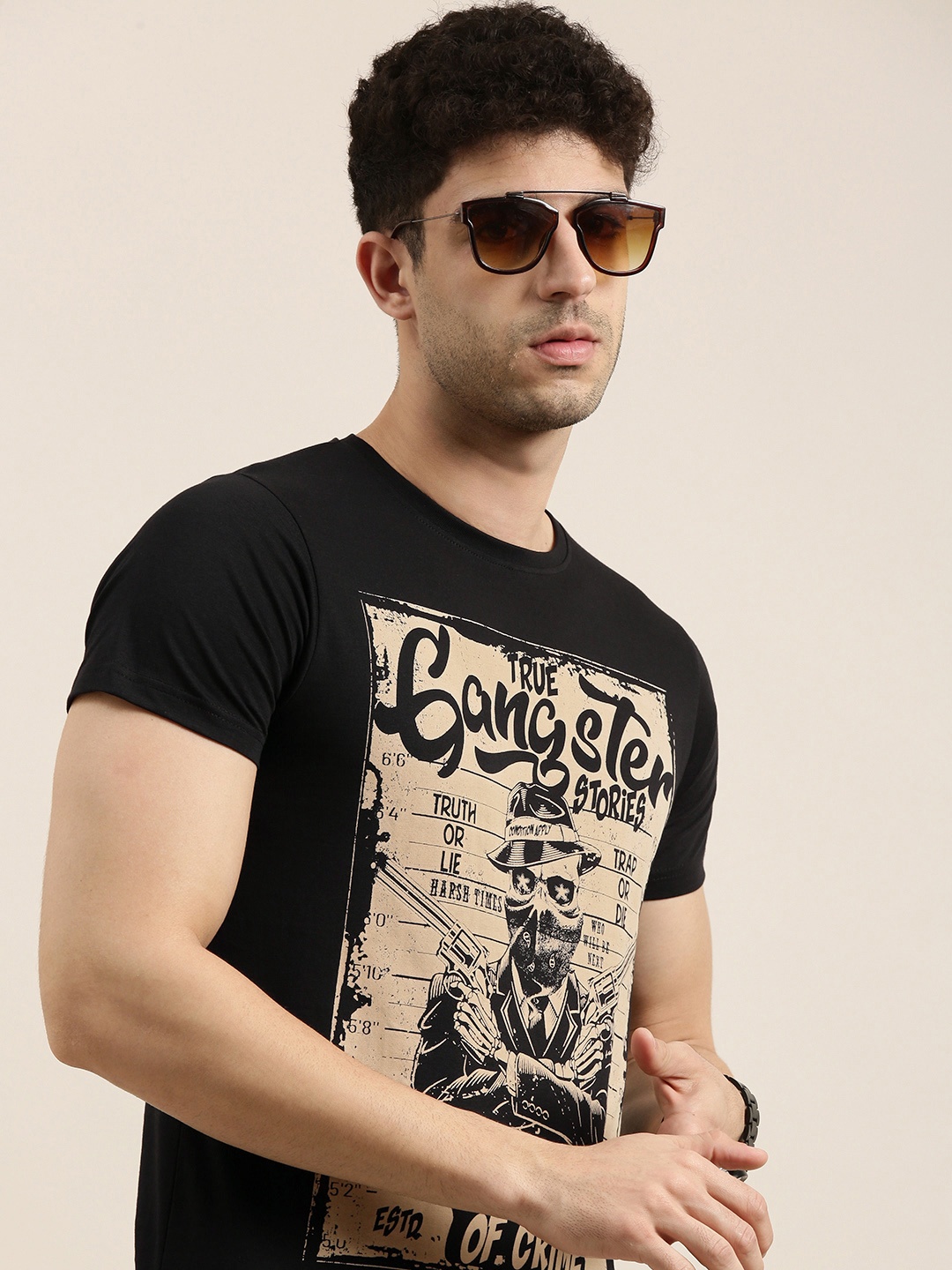 

Conditions Apply Men Black Beige Printed Round Neck Pure Cotton T-shirt