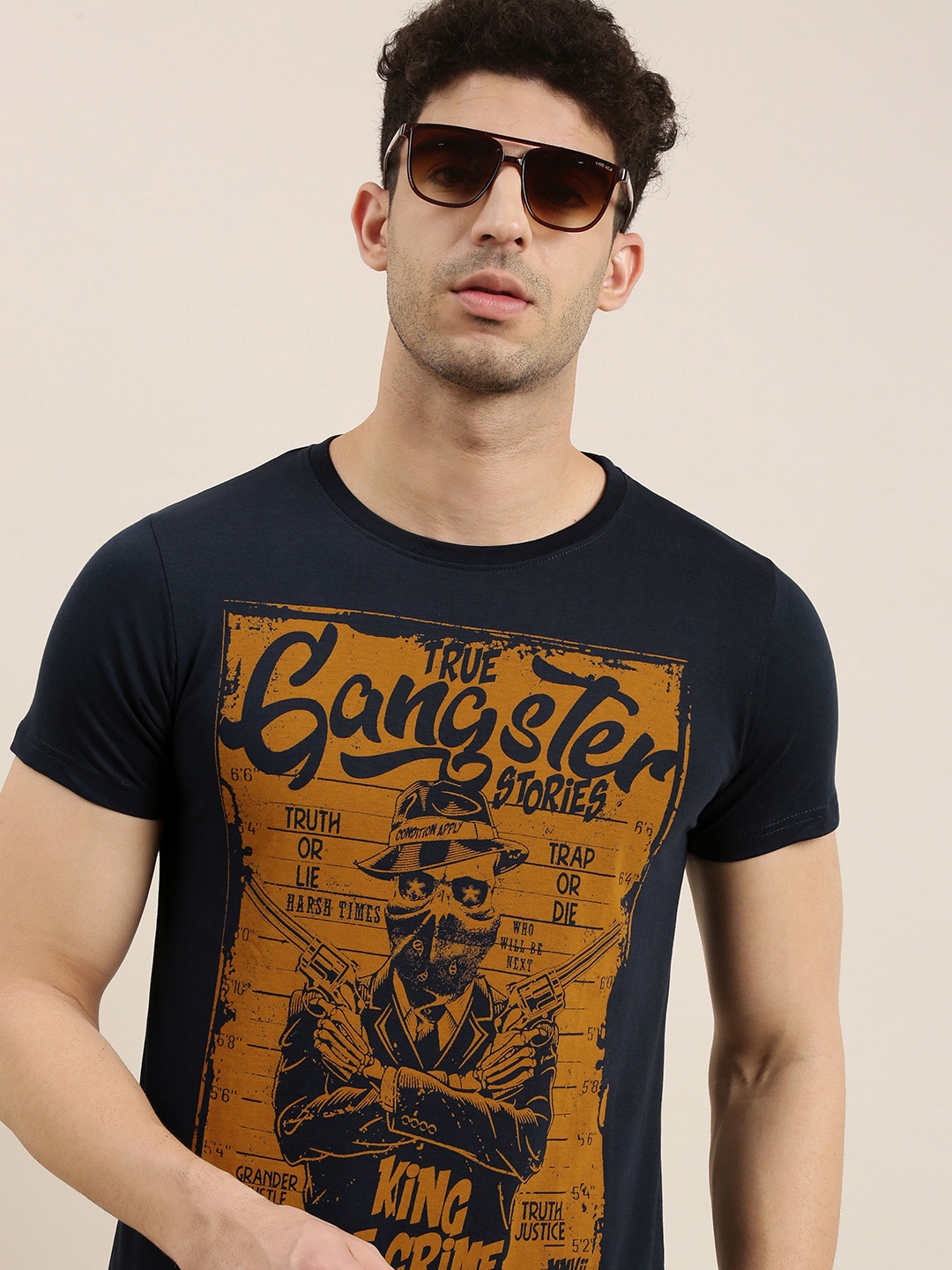 

Conditions Apply Men Navy Blue Rust Orange Printed Round Neck Pure Cotton T-shirt