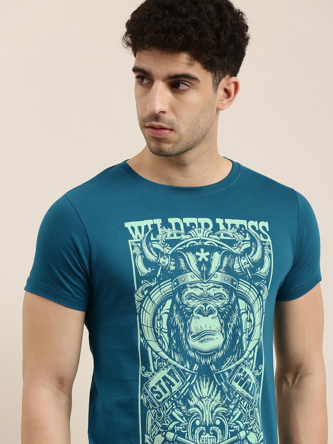 

Conditions Apply Men Teal Blue Printed Round Neck Pure Cotton T-shirt