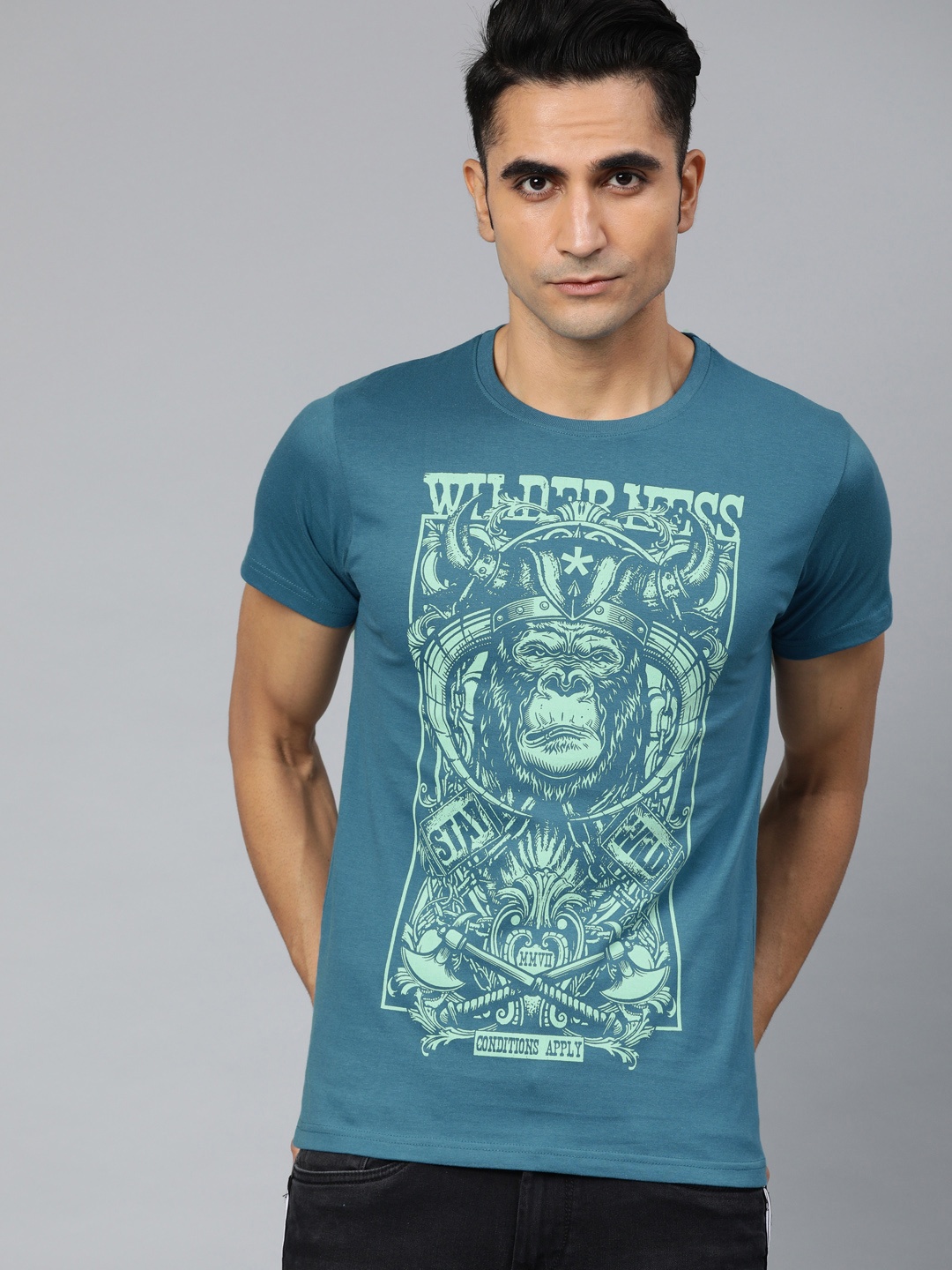 

Conditions Apply Men Teal Blue Printed Round Neck Pure Cotton T-shirt