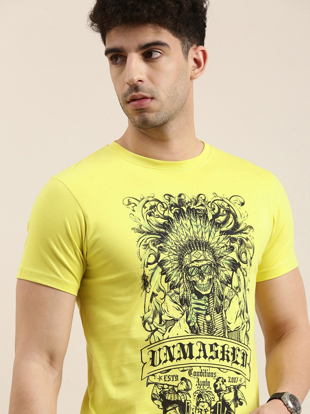 

Conditions Apply Men Yellow Black Printed Round Neck Pure Cotton T-shirt