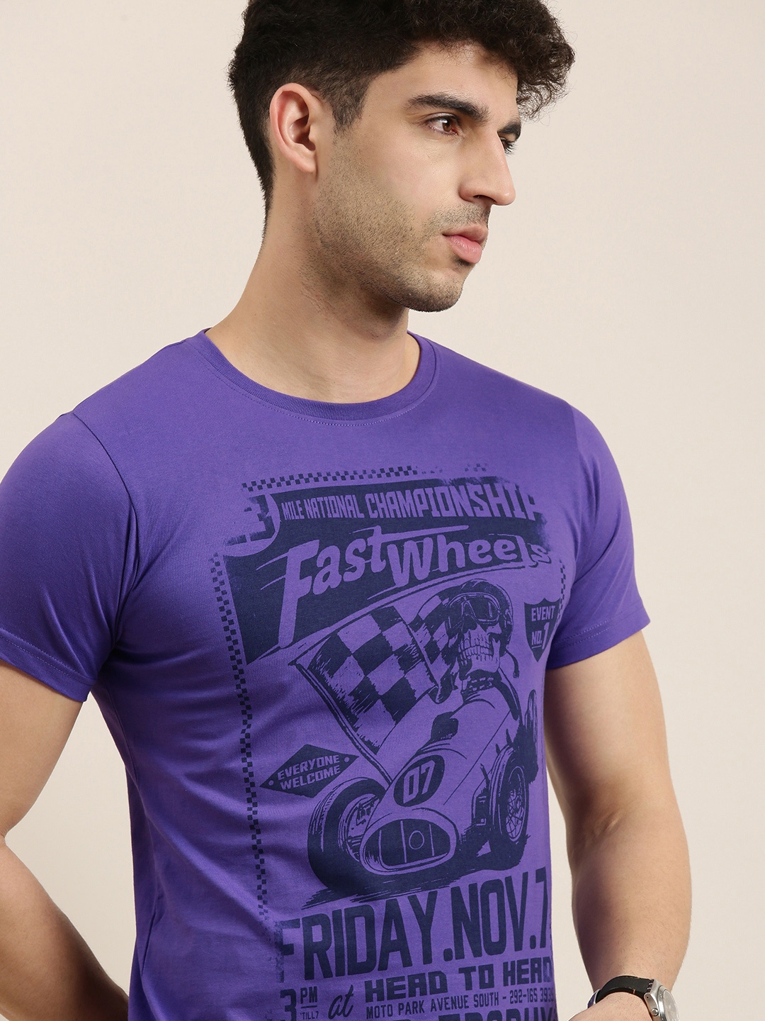 

Conditions Apply Men Violet Printed Round Neck Pure Cotton T-shirt