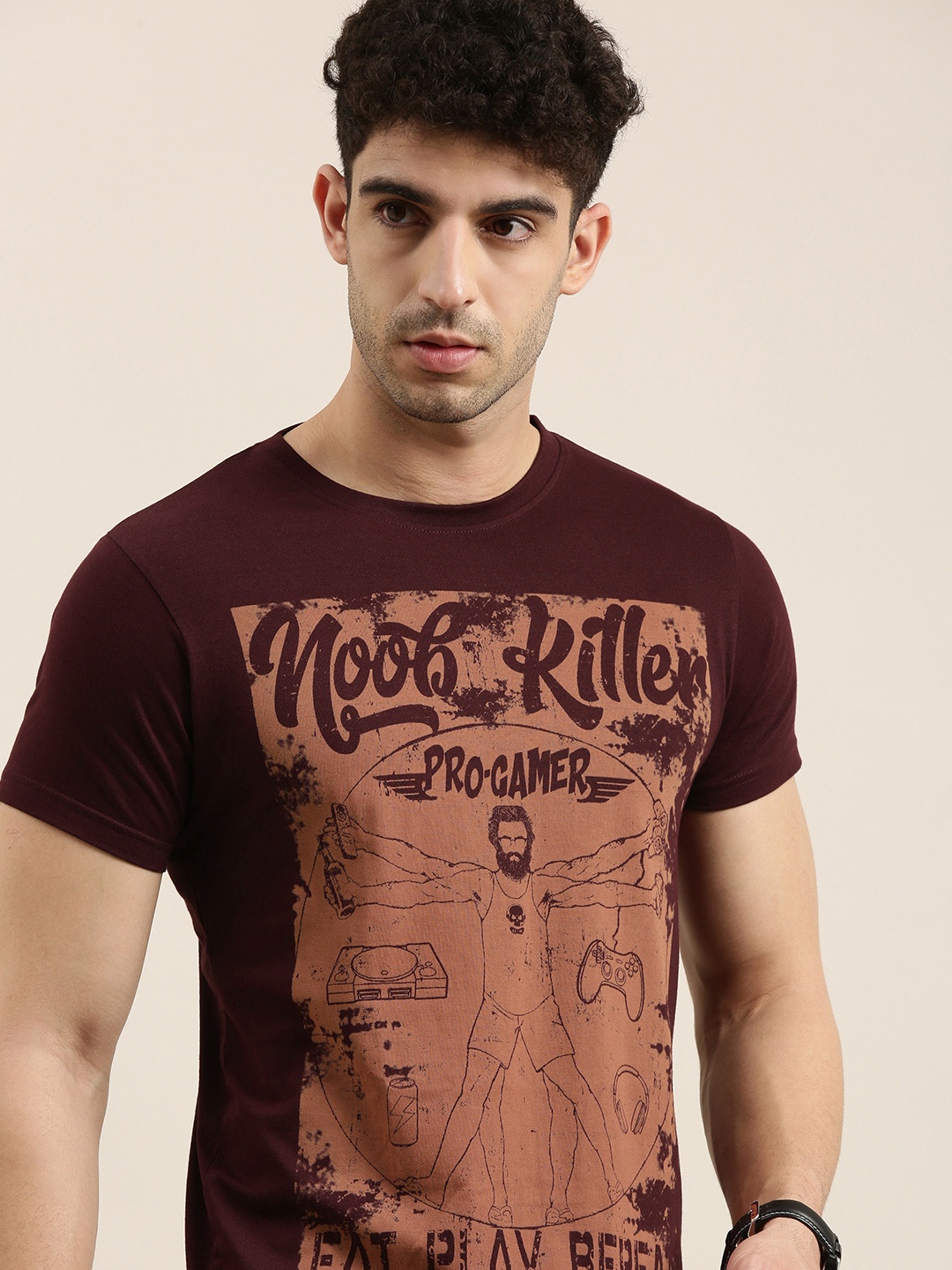 

Conditions Apply Men Burgundy Rust Orange Printed Round Neck Pure Cotton T-shirt