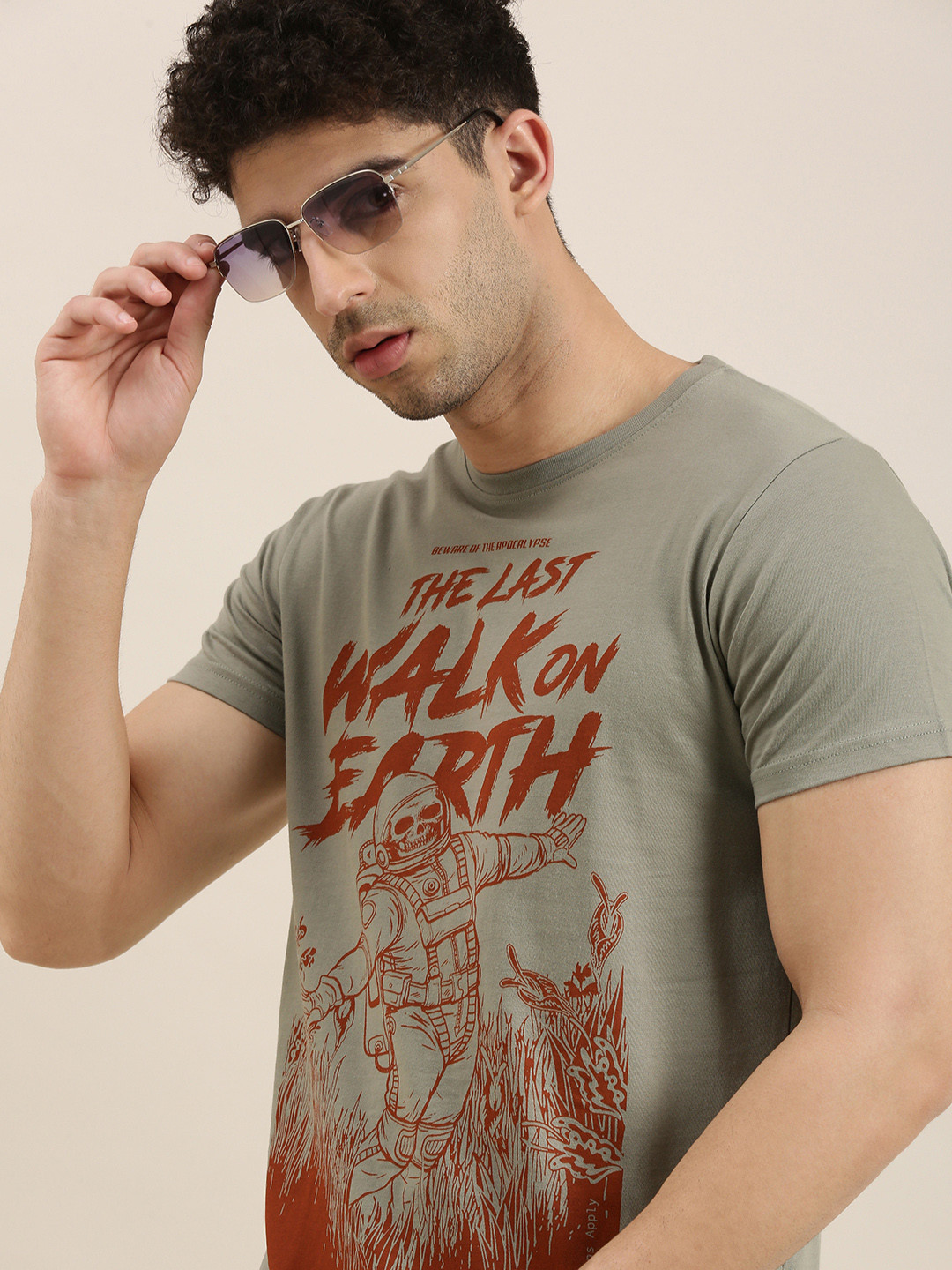 

Conditions Apply Men Grey Rust Red Printed Round Neck Pure Cotton T-shirt