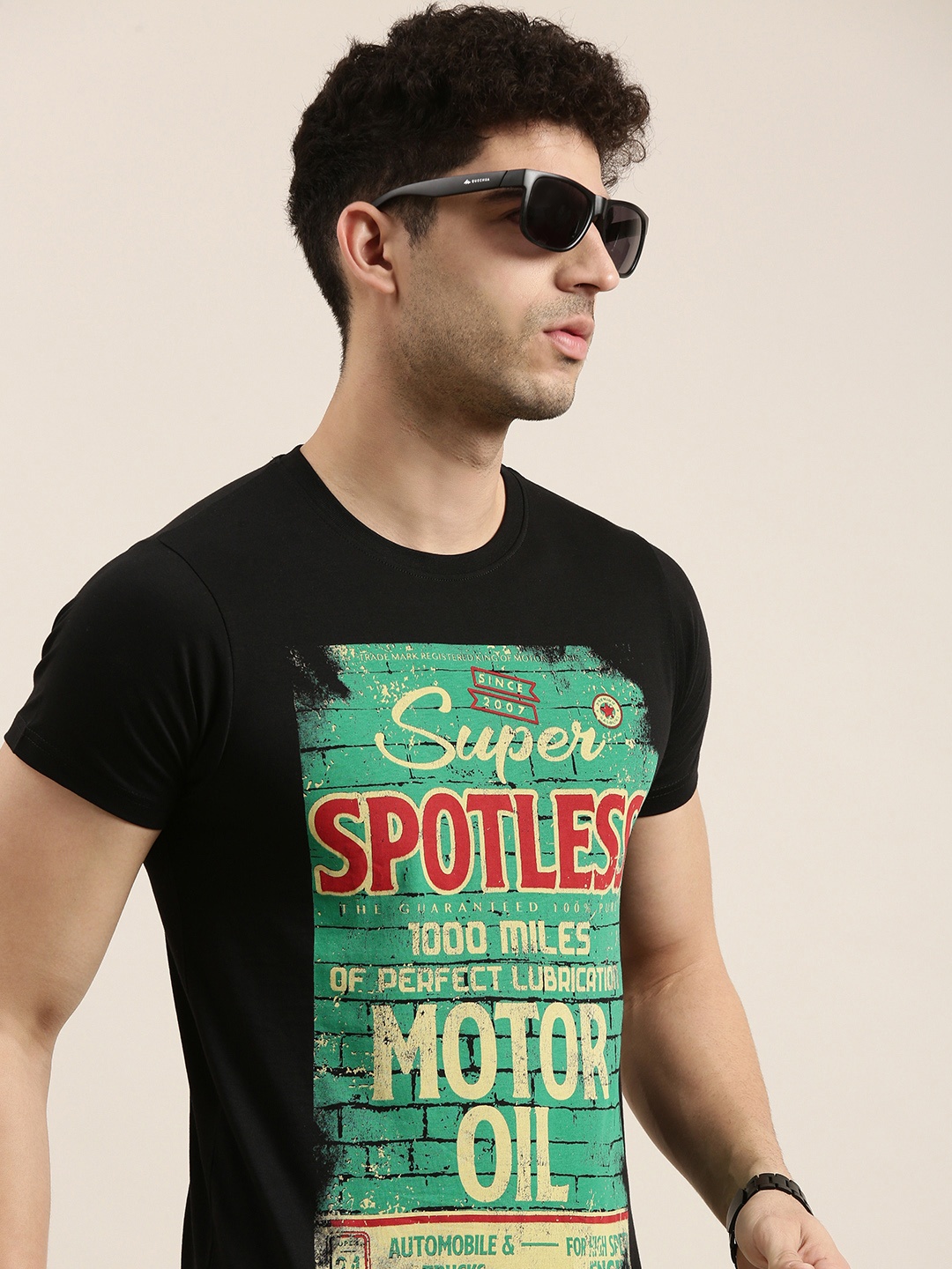 

Conditions Apply Men Black Green Printed Round Neck Pure Cotton T-shirt