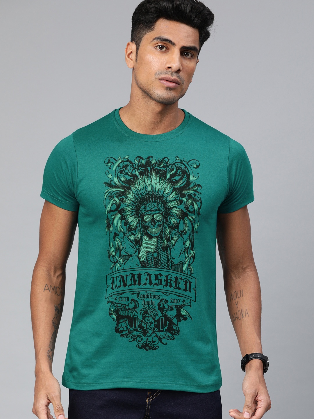 

Conditions Apply Men Teal Green Black Printed Round Neck Pure Cotton T-shirt