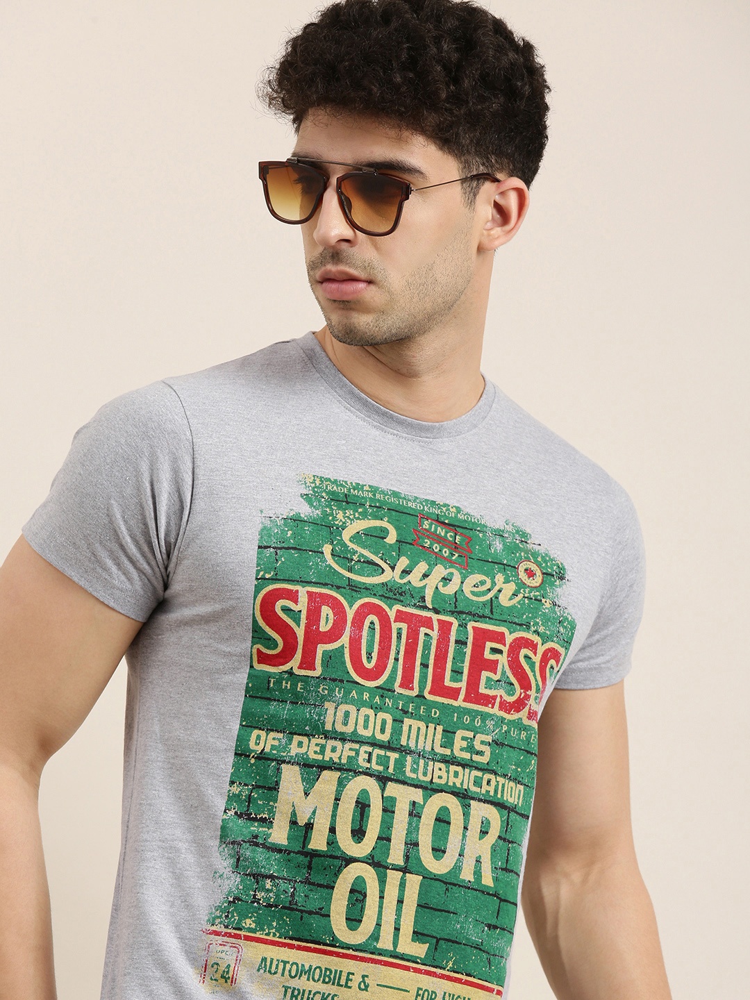 

Conditions Apply Men Grey Melange Green Printed Round Neck Pure Cotton T-shirt