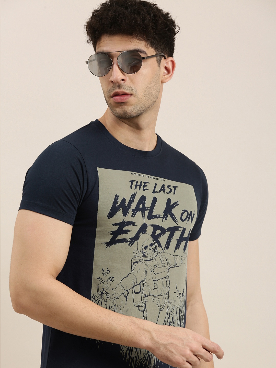 

Conditions Apply Men Navy Blue Grey Printed Round Neck Pure Cotton T-shirt