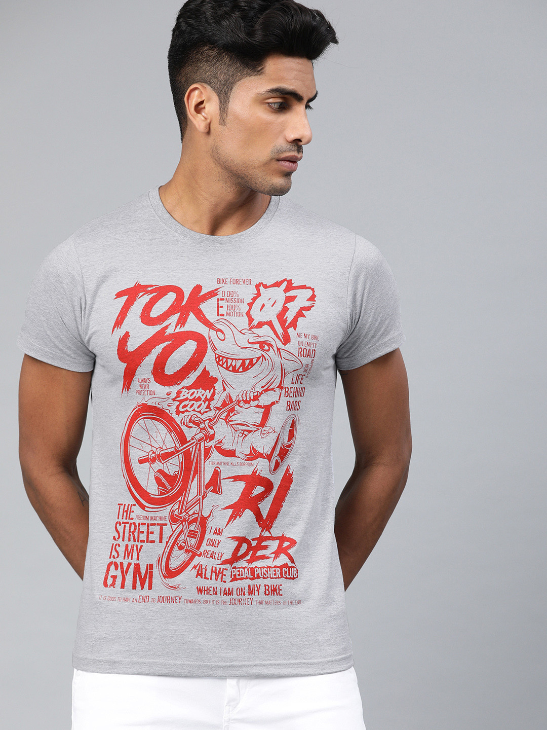 

Conditions Apply Men Grey Melange Printed Round Neck Pure Cotton T-shirt