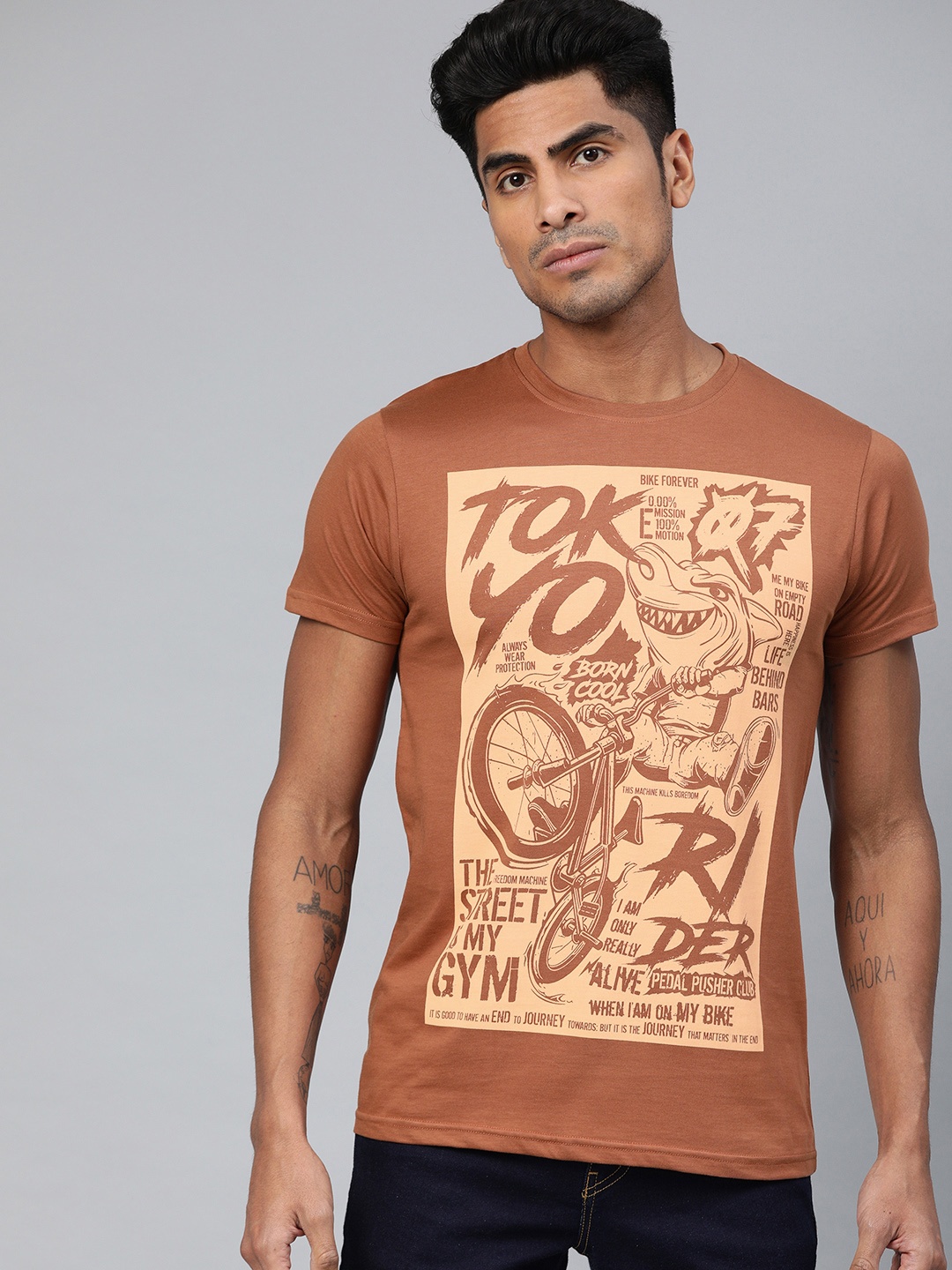 

Conditions Apply Men Brown Printed Round Neck Pure Cotton T-shirt