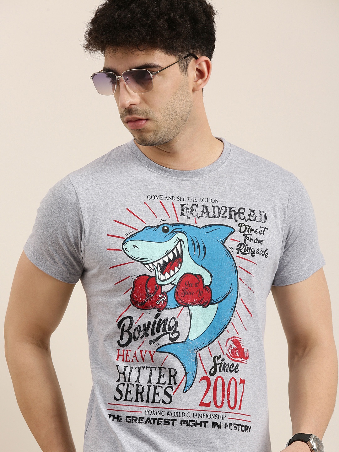 

Conditions Apply Men Grey Melange Blue Printed Round Neck Pure Cotton T-shirt