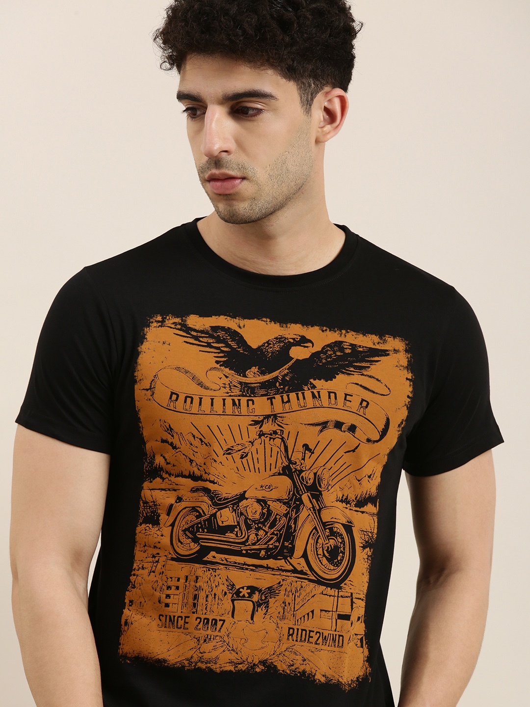 

Conditions Apply Men Black Brown Printed Round Neck Pure Cotton T-shirt