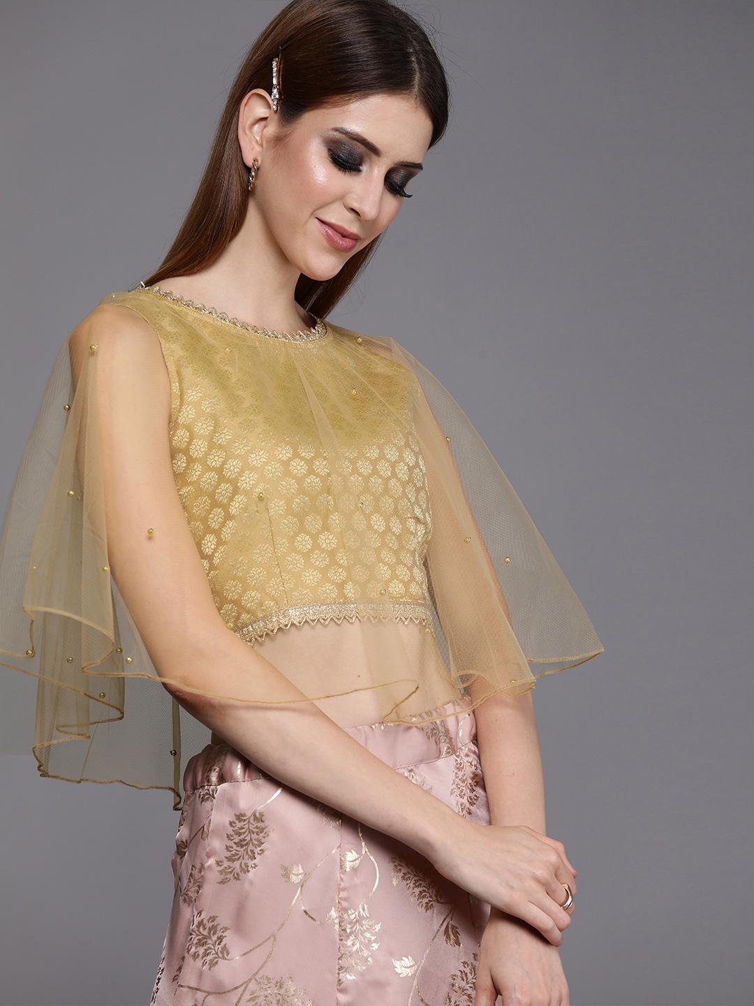 

studio rasa Women Beige & Gold-Toned Brocade Embellished Ethnic Cape Top