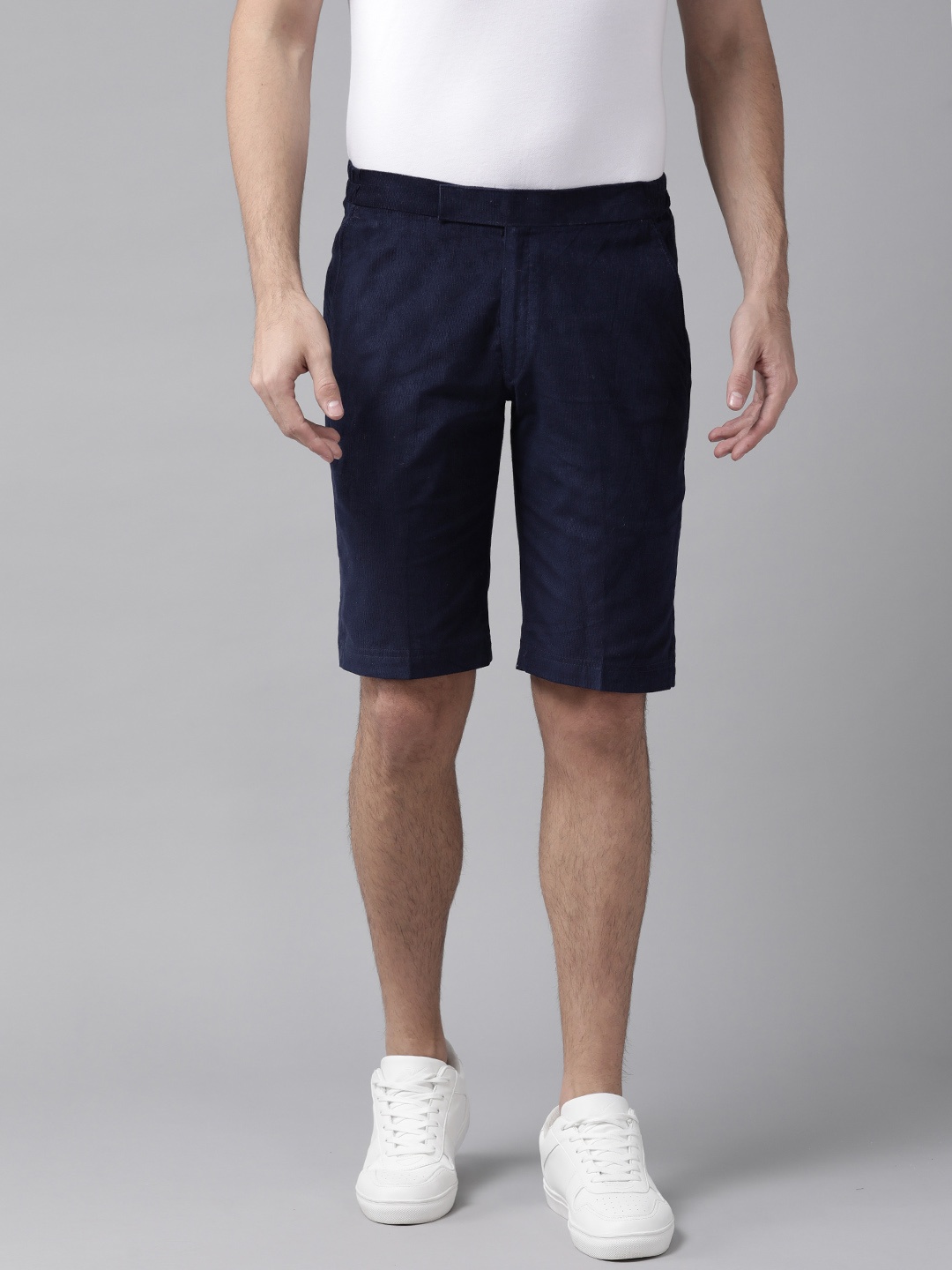 

Shaftesbury London Men Navy Blue Solid Slim Fit Corduroy Regular Shorts