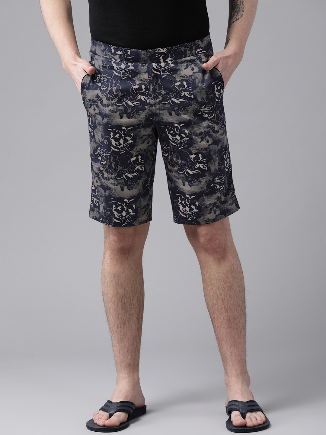 

Shaftesbury London Men Navy Blue Printed Slim Fit Surfing Shorts
