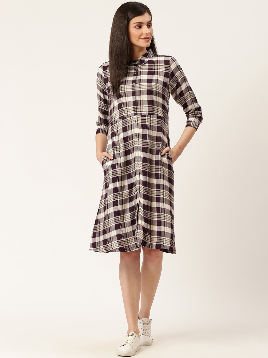 

Moda Rapido Women Burgundy & Off-White Checked Shirt Dress