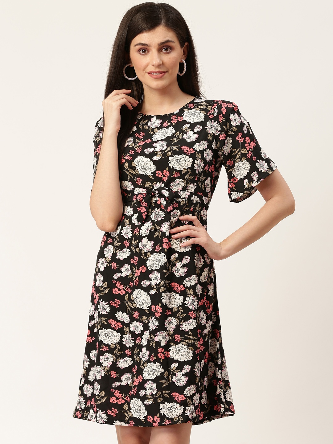 

Moda Rapido Women Black & White Floral Printed A-Line Dress