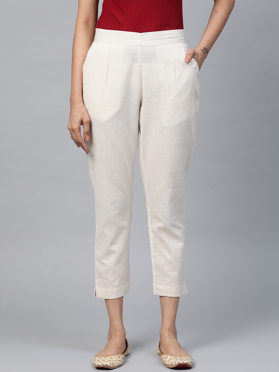 

AURELIA Women Beige Regular Fit Speckled Effect Cropped Trousers