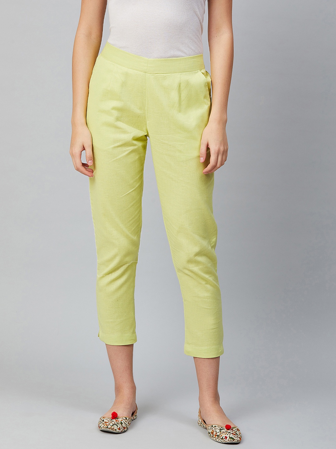 

AURELIA Women Lime Green Solid Cropped Regular Trousers