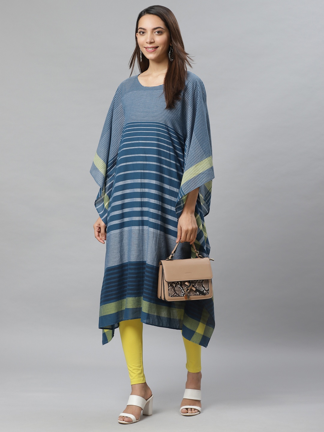 

AURELIA Women Blue & White Striped Kaftan Kurta with Inner