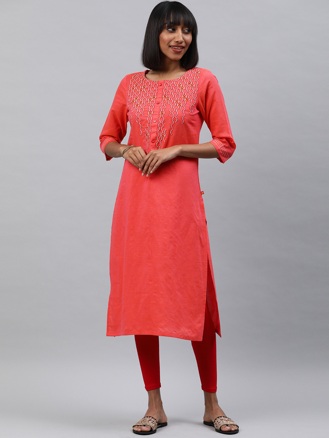 

Alena Women Coral Pink Embroidered Straight Kurta