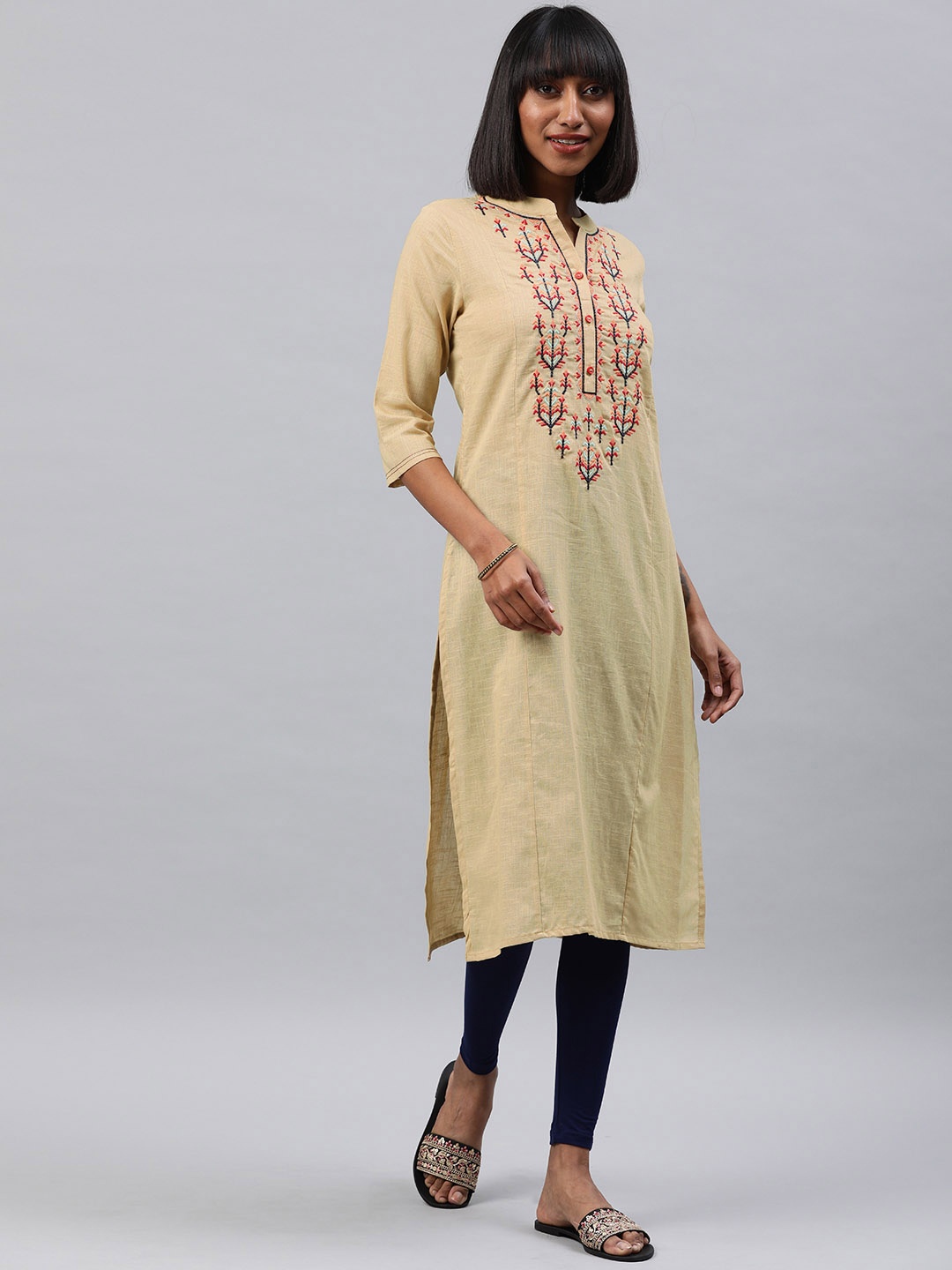 

Alena Women Beige Embroidered Straight Kurta