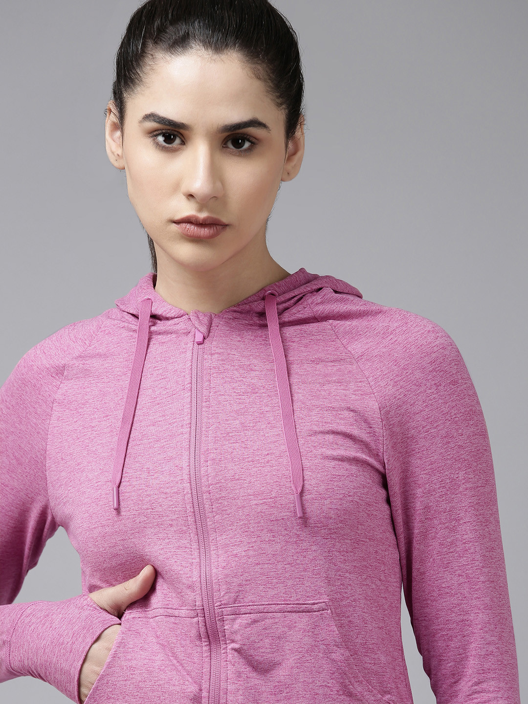 

Van Heusen Women Solid Knitted Hooded Training or Gym Sporty Jacket, Pink