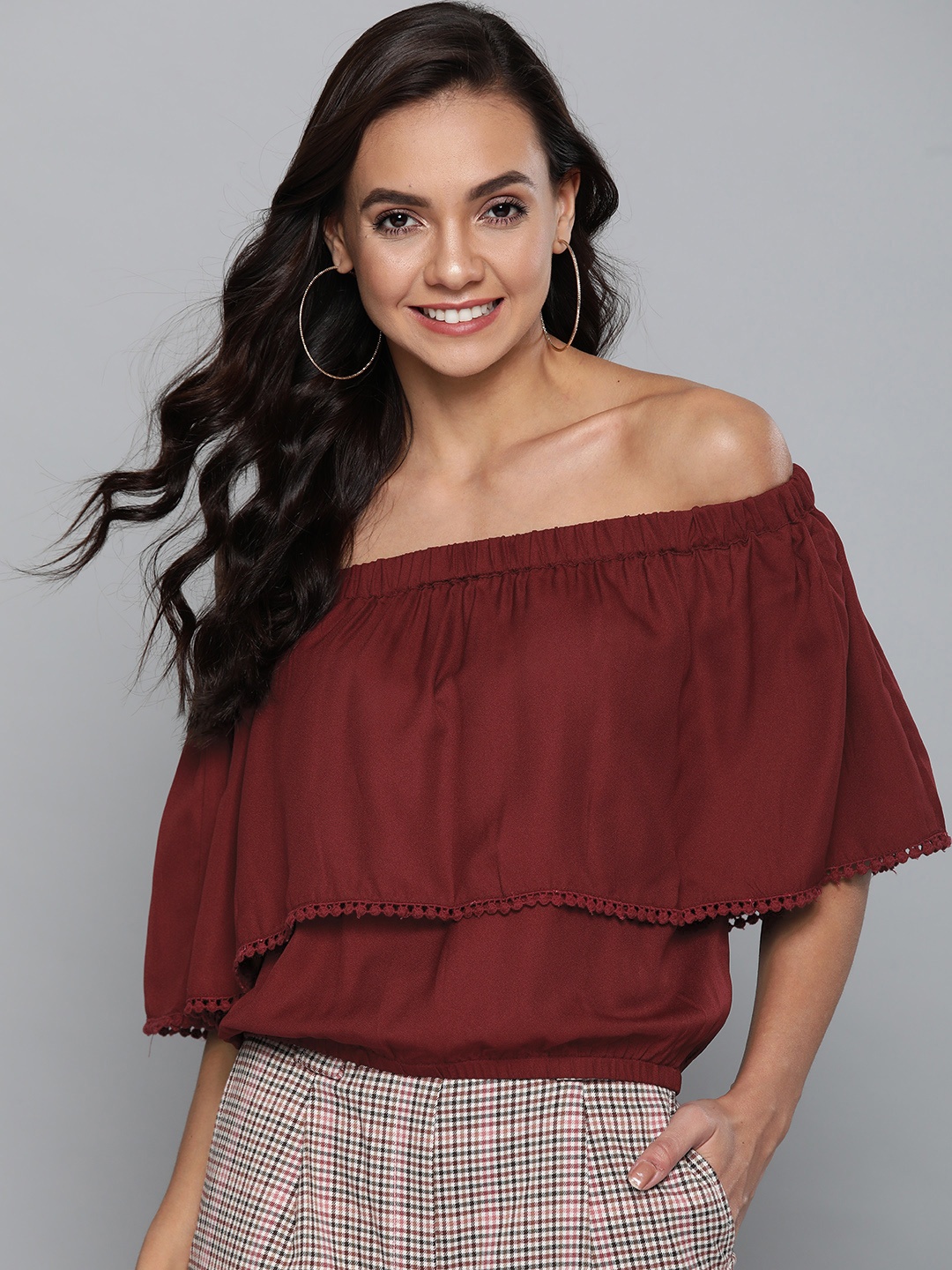 

HERE&NOW Women Wine-Coloured Solid Bardot Top, Purple