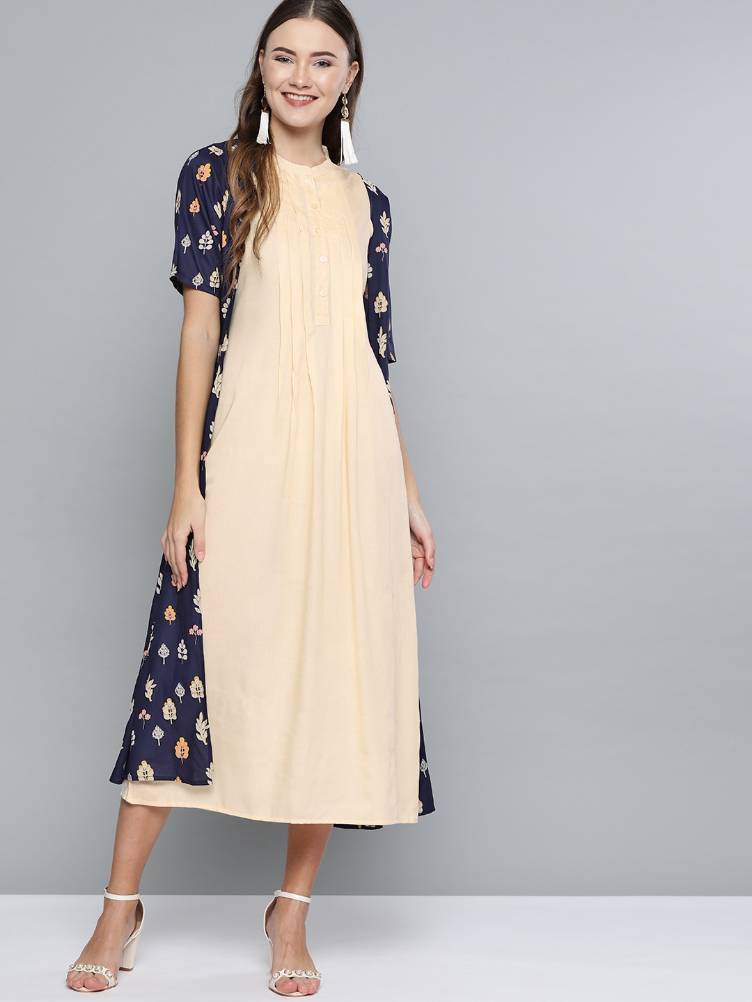 

HERE&NOW Women Navy Blue & Beige Printed A-Line Dress With Ethnic Jacket