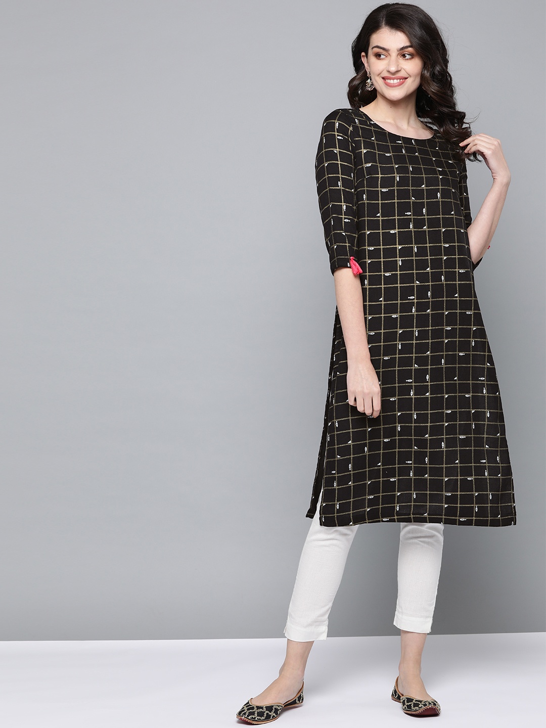 

HERE&NOW Women Black & Golden Checked Straight Kurta