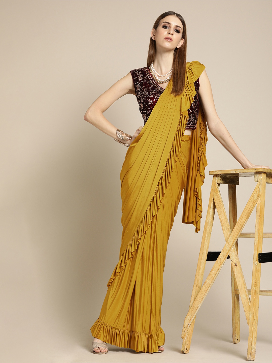 

Chhabra 555 Mustard Yellow Solid Ready To Wear One Minute Poly Georgette Saree