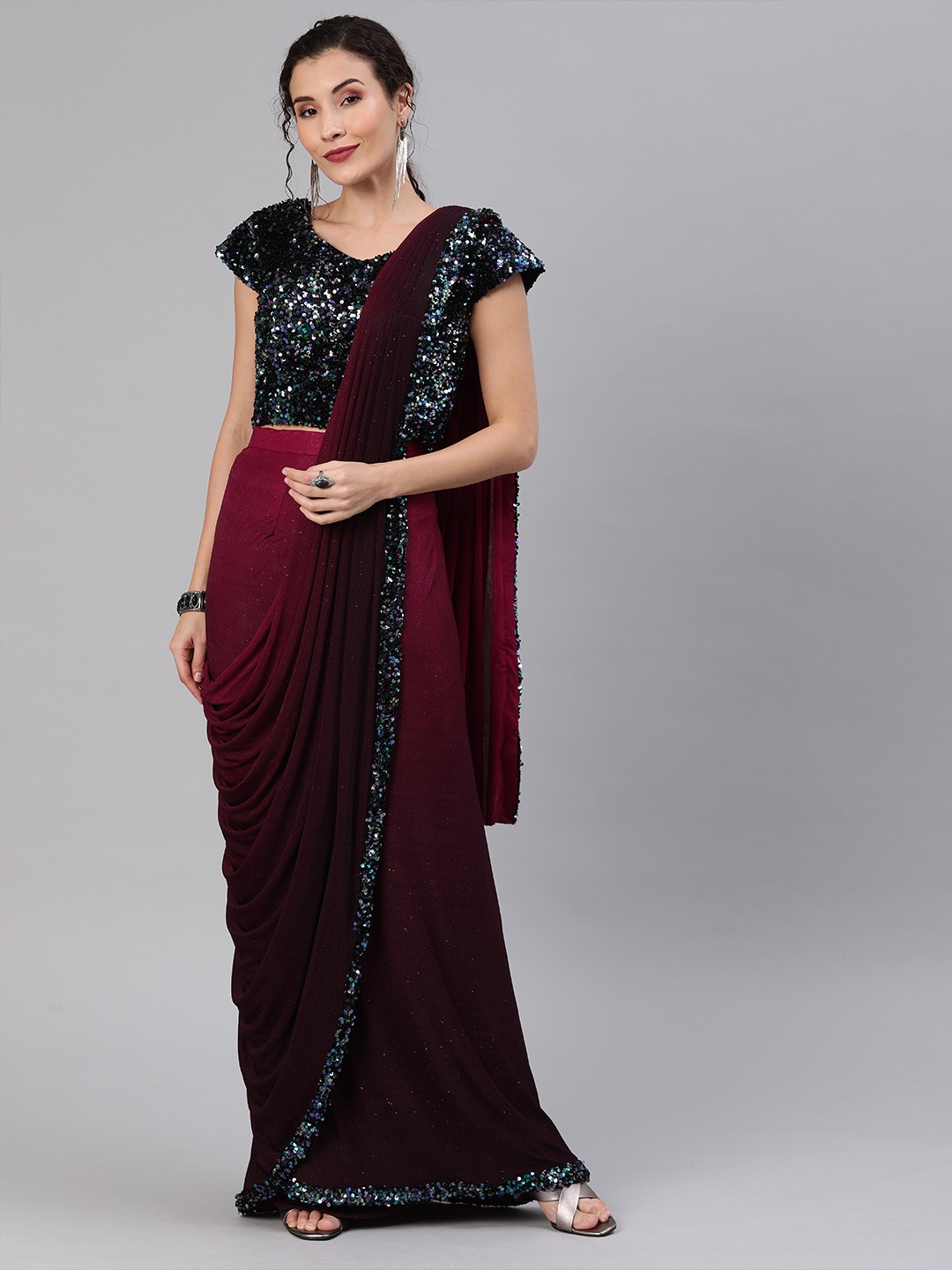 

Chhabra 555 Burgundy & Black Poly Georgette Embellished Saree