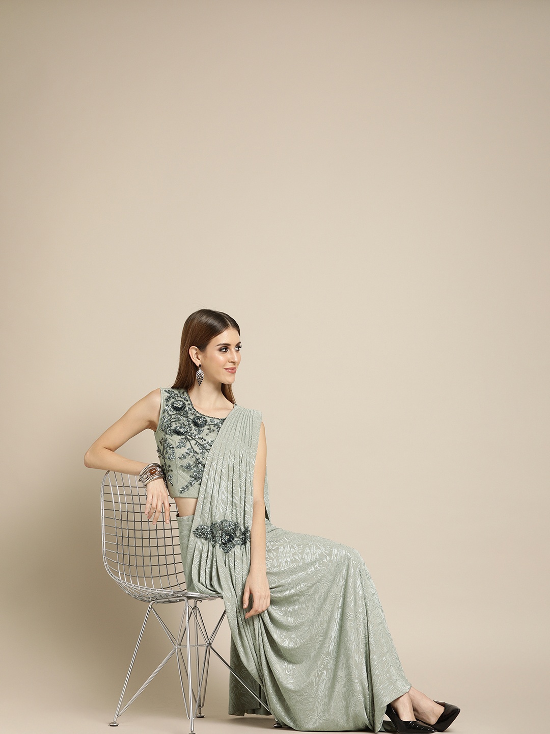 

Chhabra 555 Grey Woven Design Ready To Wear One Minute Poly Georgette Saree