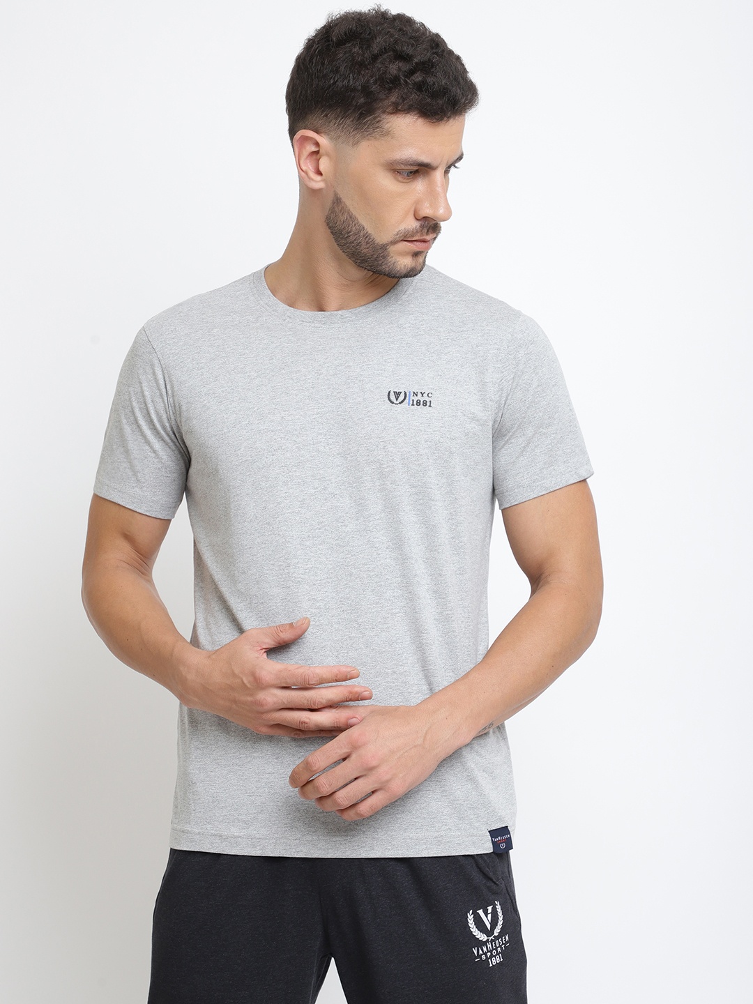 

Van Heusen Round Neck With Minimal Varsity Printed T-shirt, Grey melange