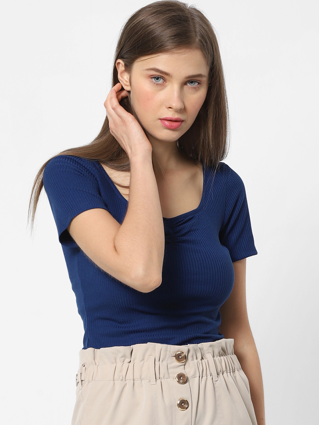 

ONLY Women Blue Solid Fitted Top