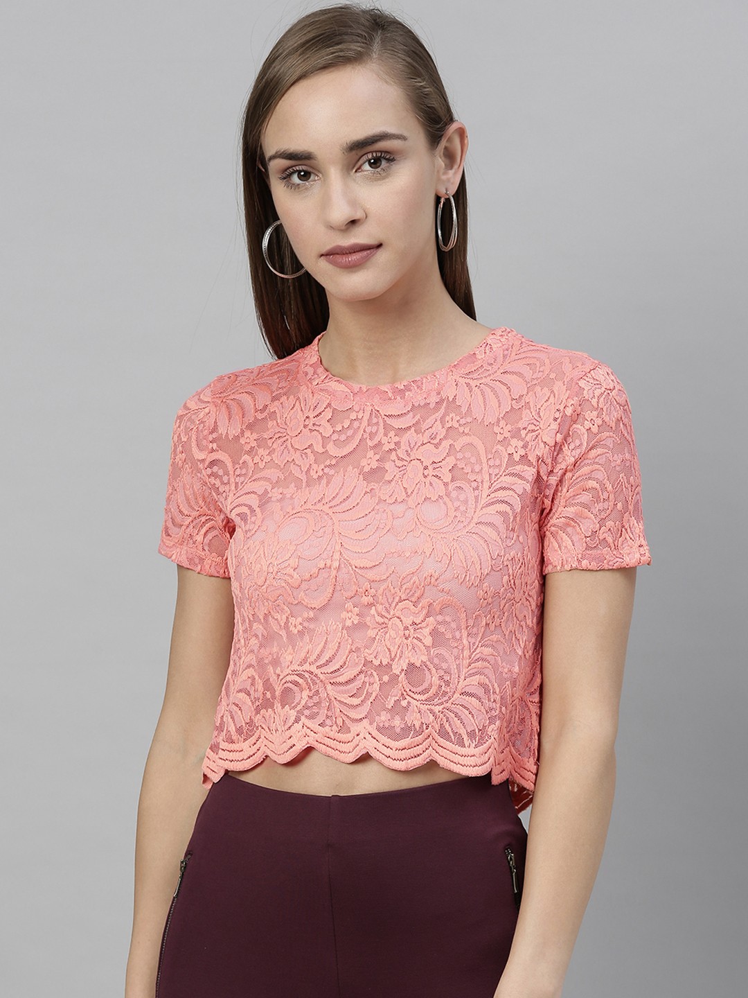 

ONLY Women Pink Lace Inserts Crop Top