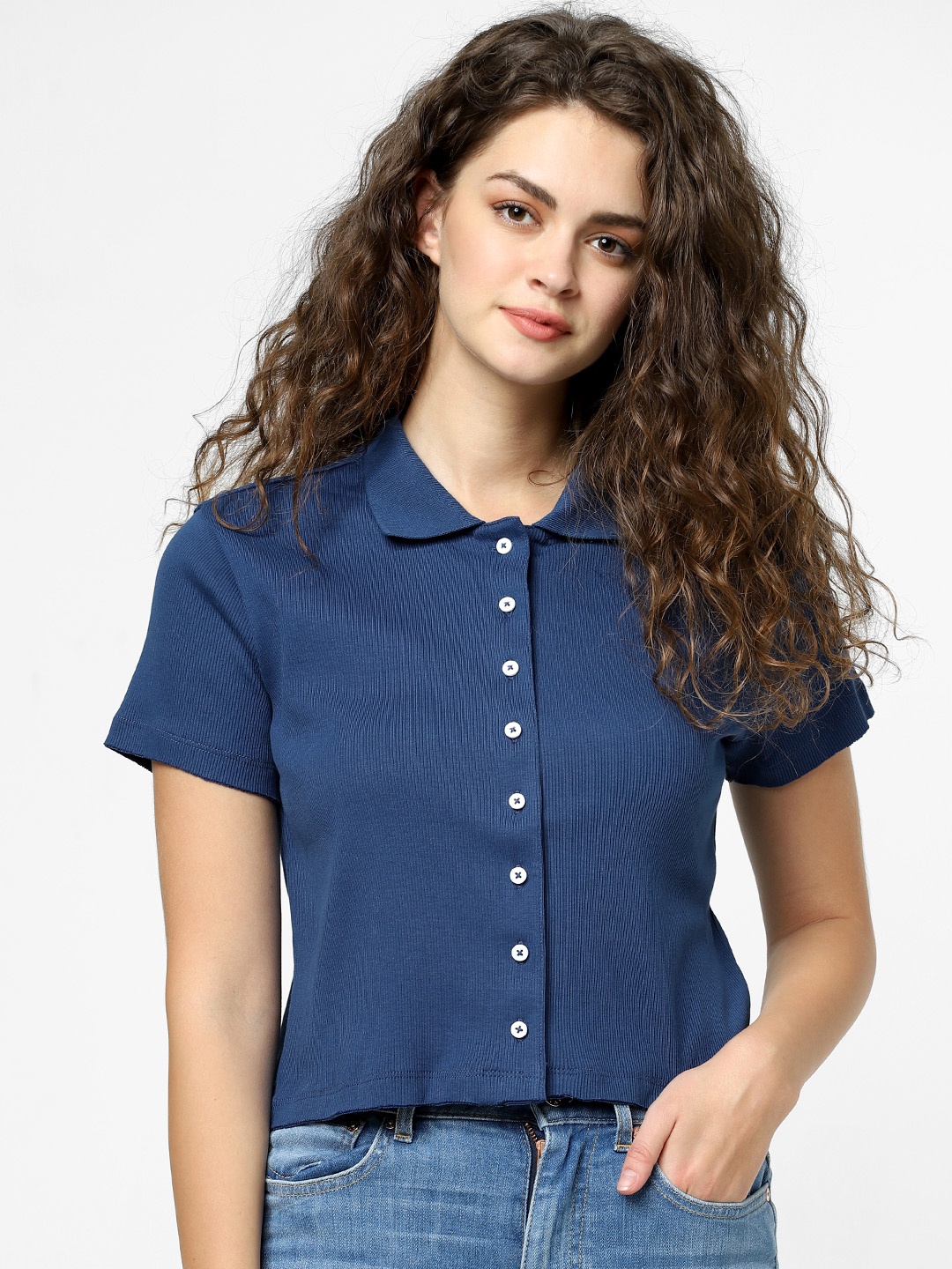 

ONLY Women Blue Solid Shirt Style Pure Cotton Top