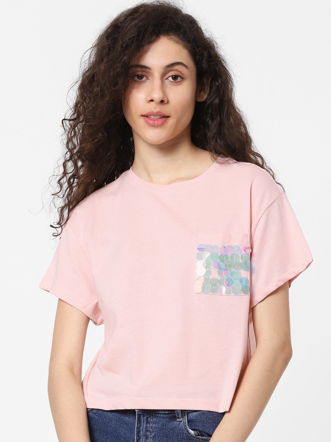 

ONLY Women Pink Solid Round Neck Pure Cotton T-shirt with Sequinned Pocket