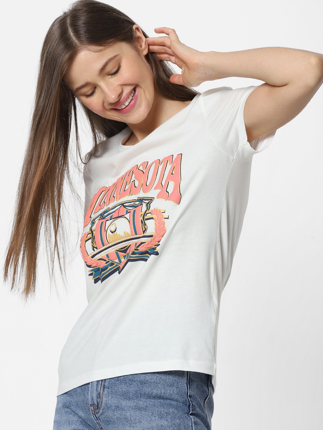 

ONLY Women White Printed Round Neck Pure Cotton T-shirt