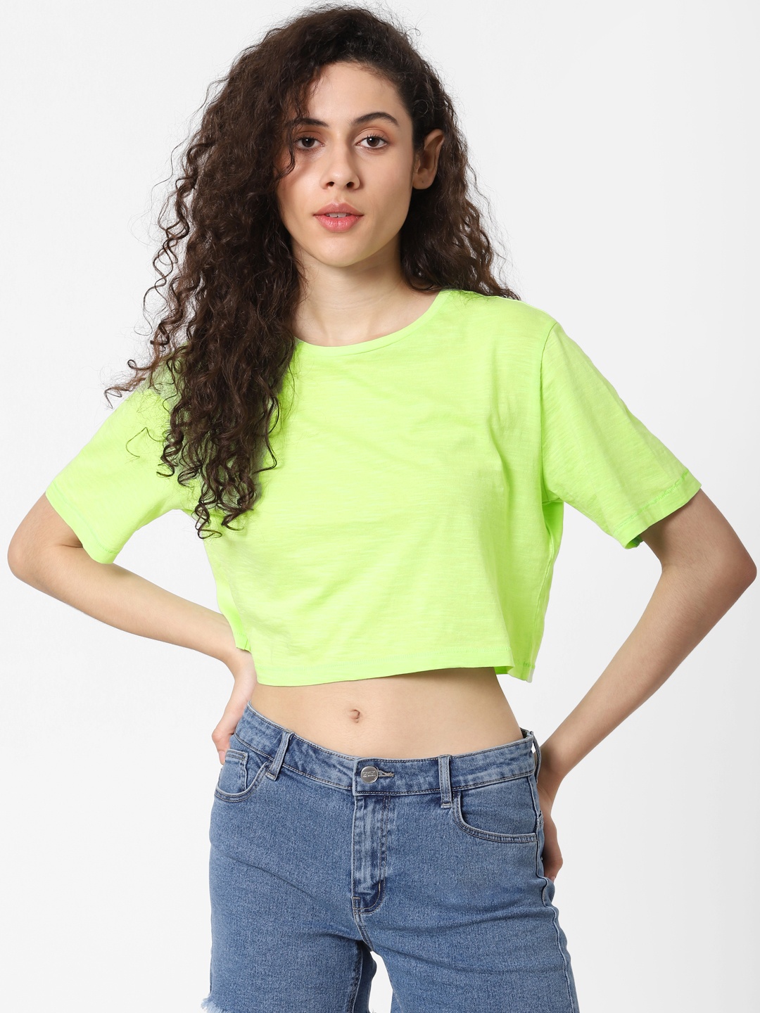 

ONLY Women Fluorescent Green Solid Round Neck Cropped Pure Cotton T-shirt