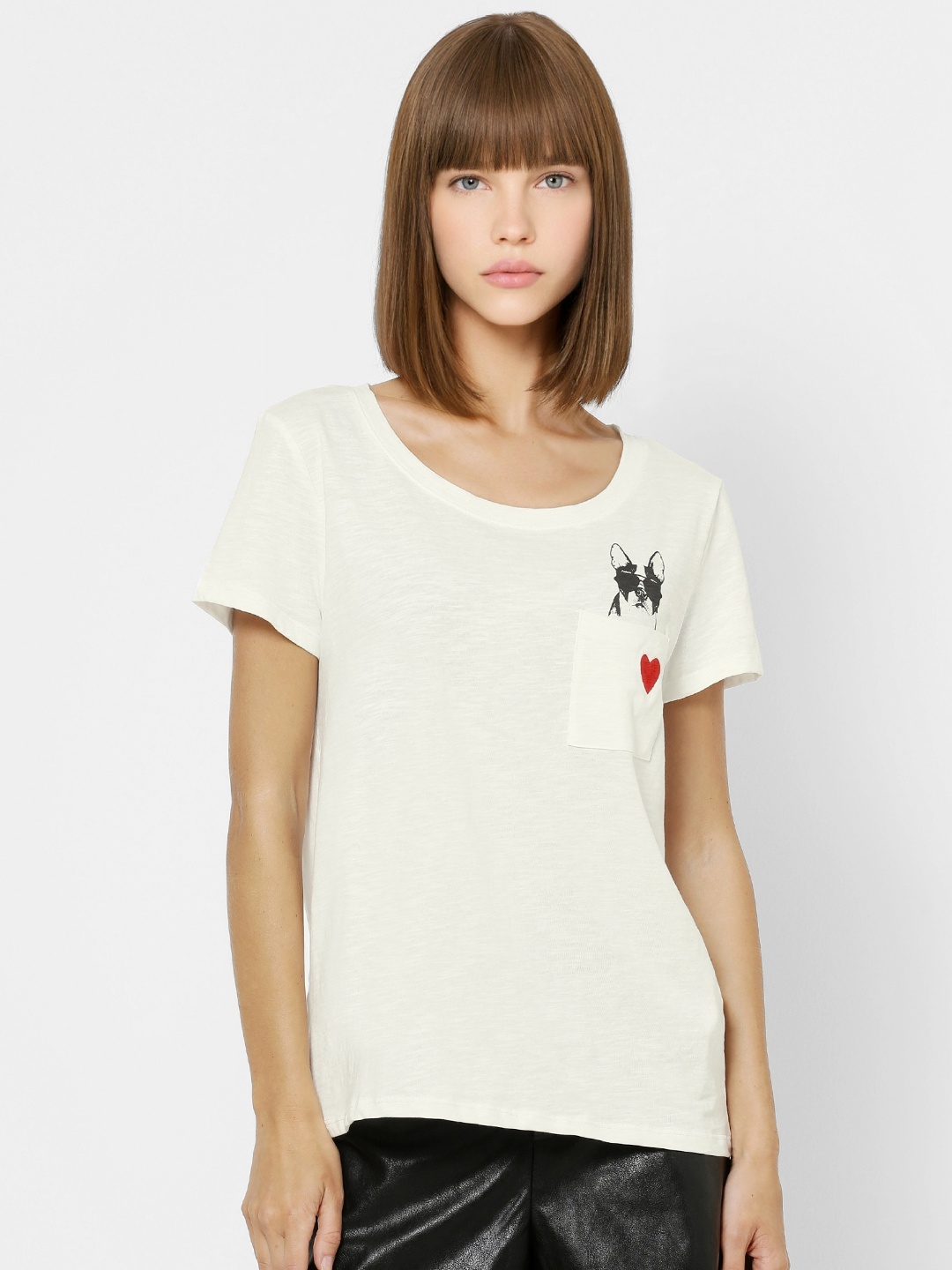 

ONLY Women White Solid Round Neck Pure Cotton T-shirt With Printed Pocket Detailing