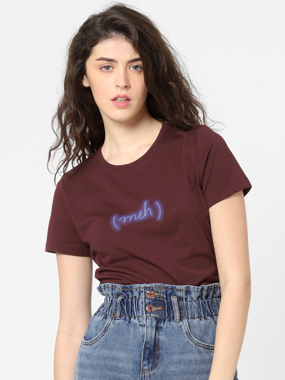 

ONLY Women Maroon Printed Slim Fit Round Neck Pure Cotton T-shirt