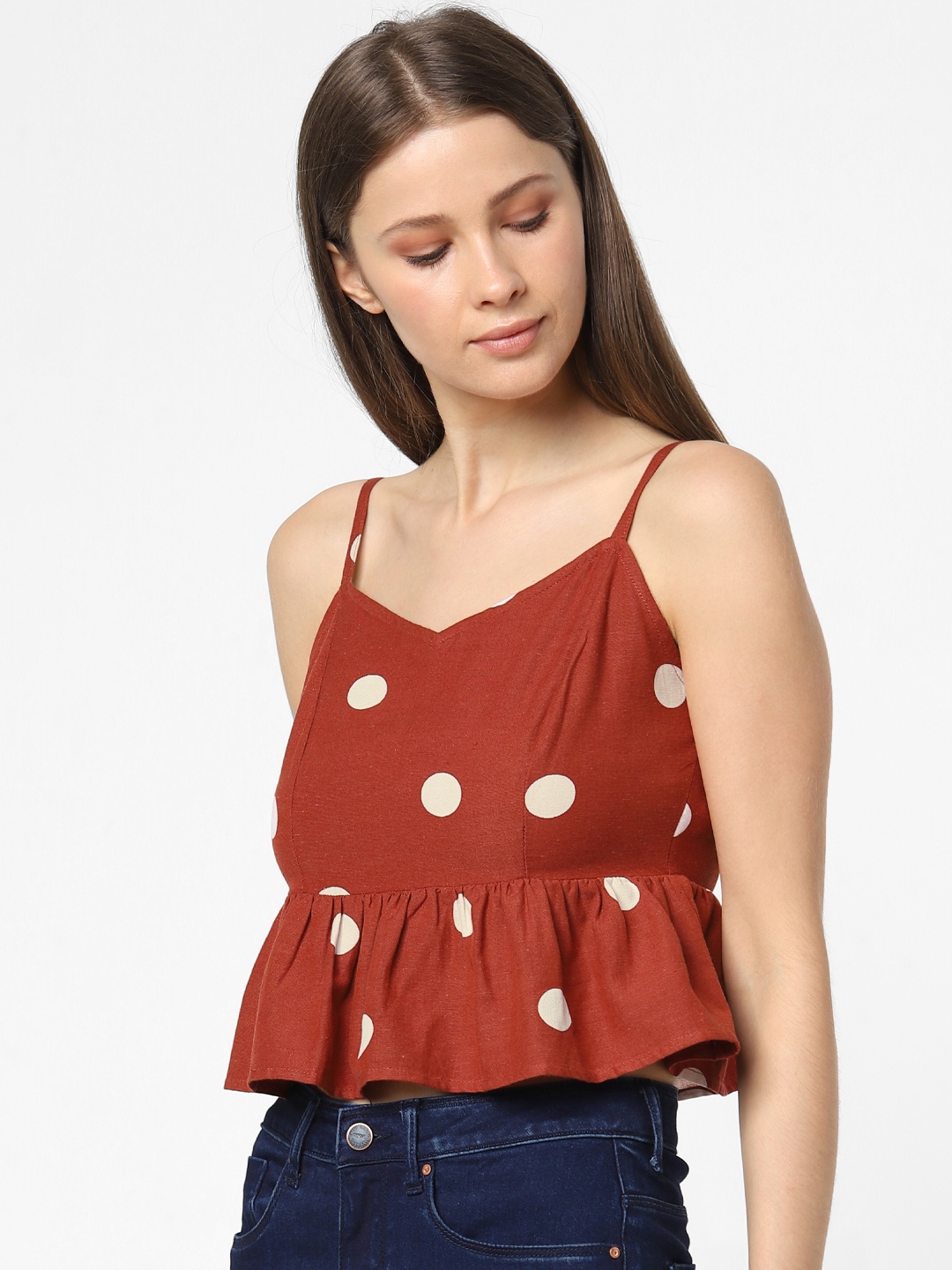 

ONLY Women Rust Red & Off-White Printed Crop Top with Ruffle & Smocked Detail