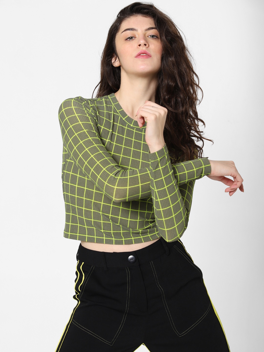 

ONLY Women Olive Green & Yellow Checked Round Neck Cropped Top