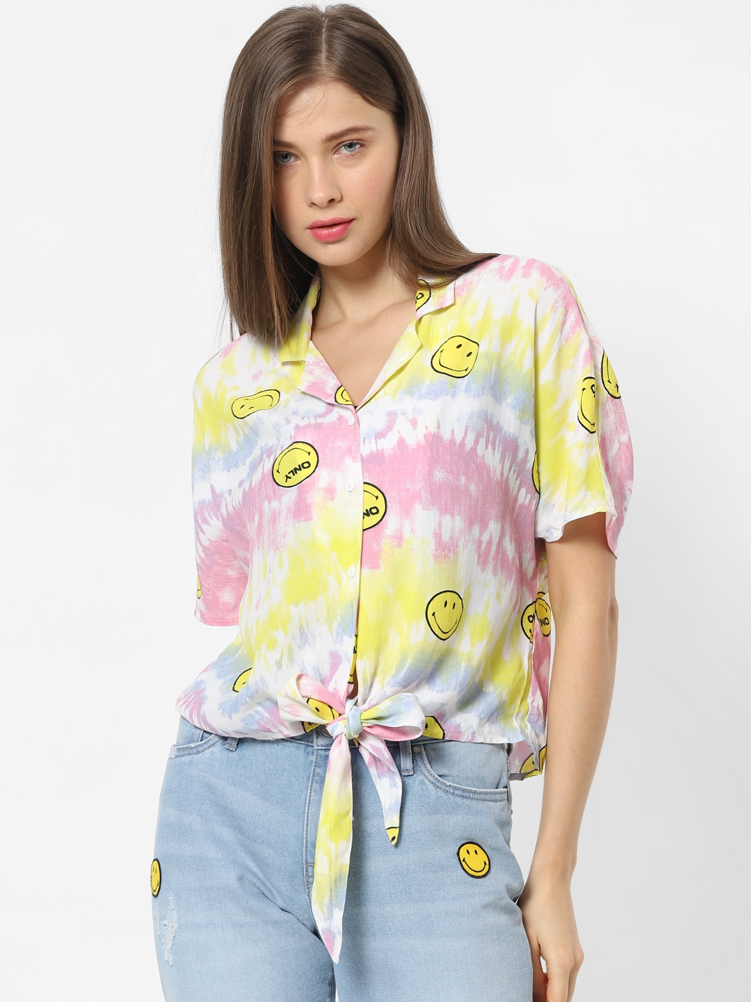 

ONLY Women Pink & Yellow Regular Fit Dyed Casual Shirt with Front Knot