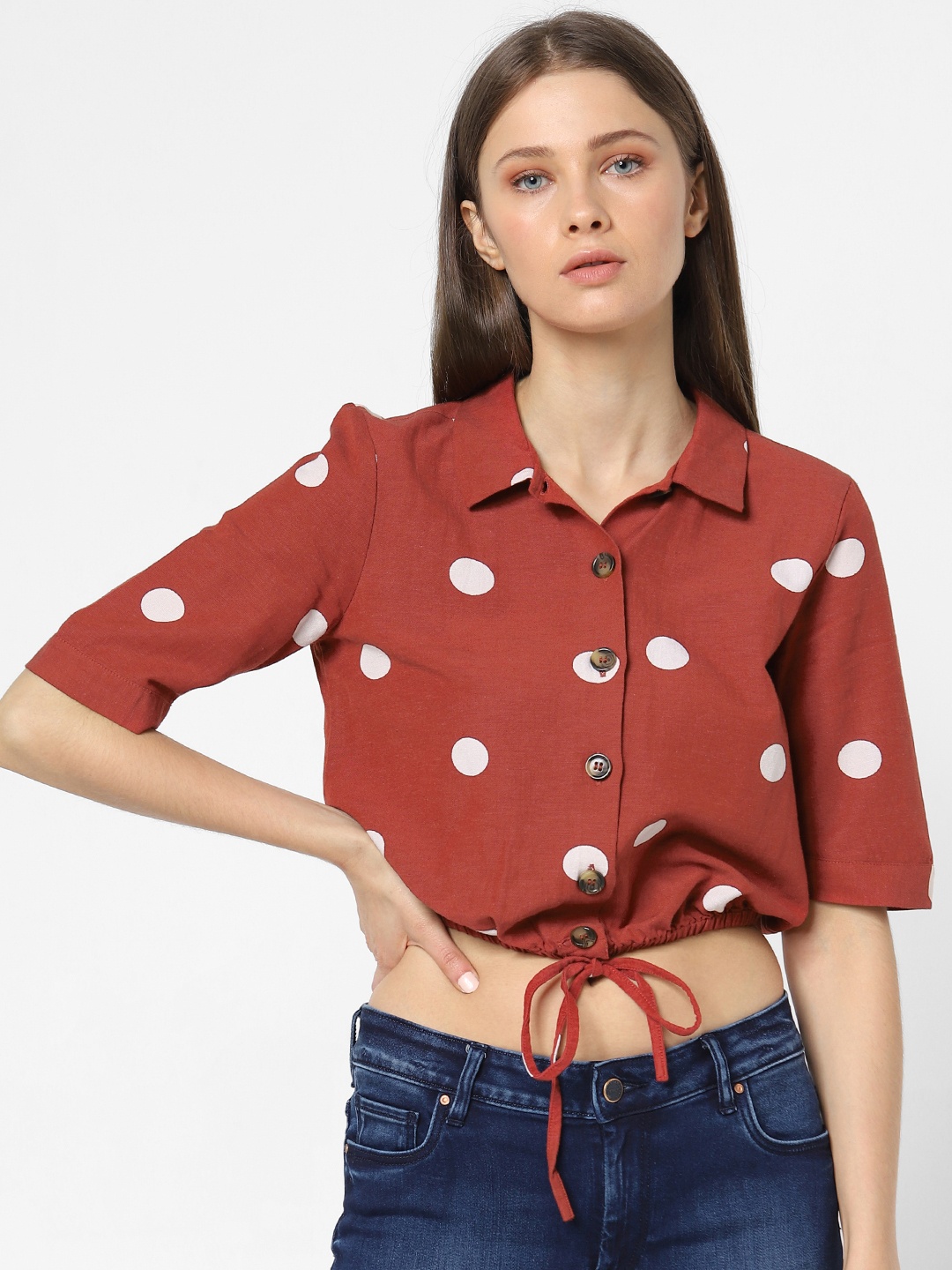 

ONLY Women Maroon & White Regular Fit Printed Cropped Casual Shirt With Waist Tie-Up