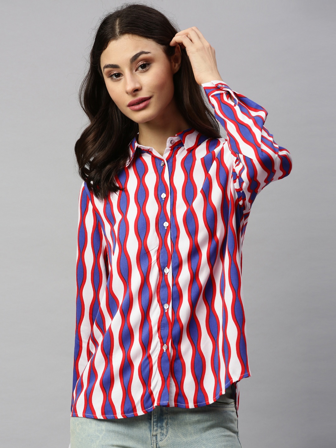 

ONLY Women White & Blue Regular Fit Printed Casual Shirt