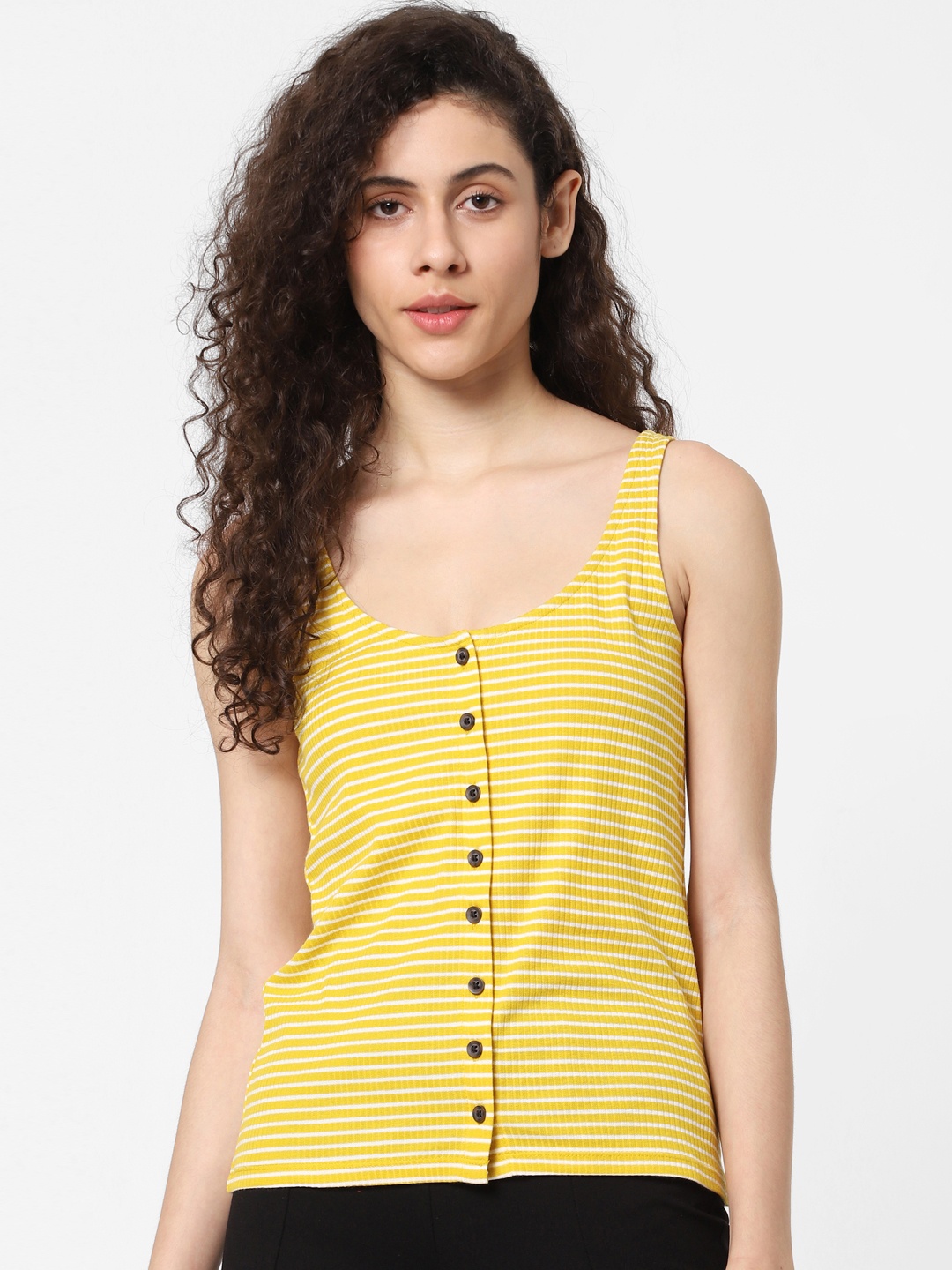 

ONLY Women Mustard Yellow & White Striped Ribbed Scoop Neck T-shirt