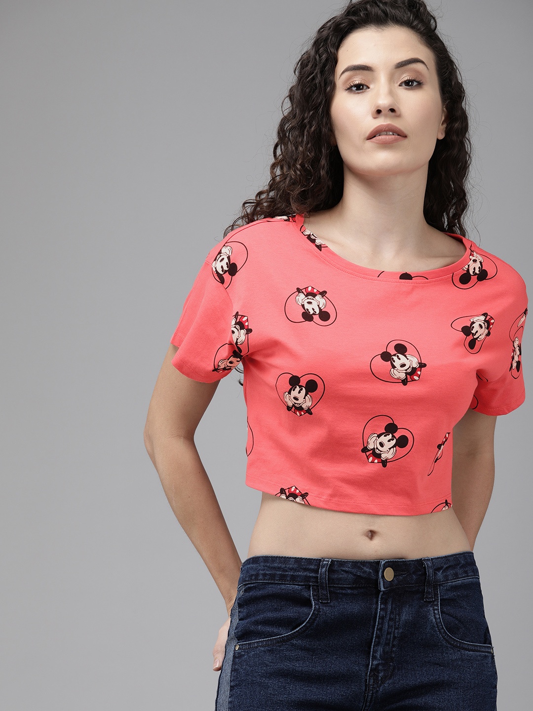 

ONLY Women Pink Micky Mouse Printed Cropped Pure Cotton Top